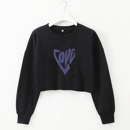 Women Clothing Autumn Winter Love Heart-Shaped Letter Graphic Printing round Neck Short Long-Sleeved Sweatshirt