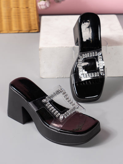 High Heel Square Toe Rhinestone Slippers Women Outer Wear Waterproof Platform Thick Bottom Slippers
