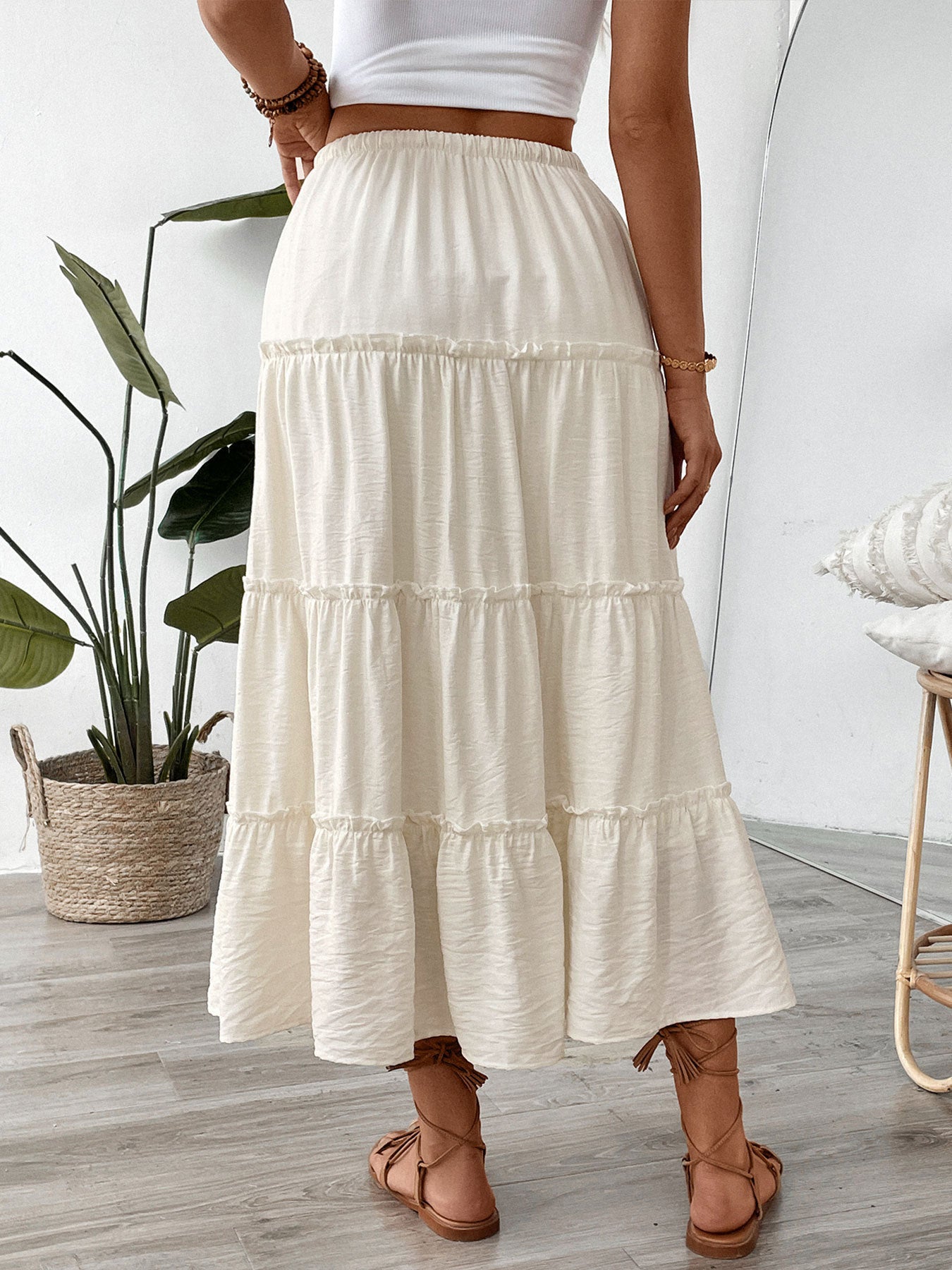 Summer White Stitching Skirt Women Simple Elastic Waist A line Umbrella Maxi Skirt