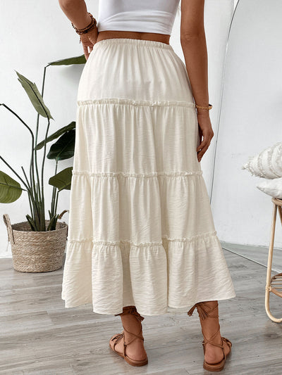 Summer White Stitching Skirt Women Simple Elastic Waist A line Umbrella Maxi Skirt
