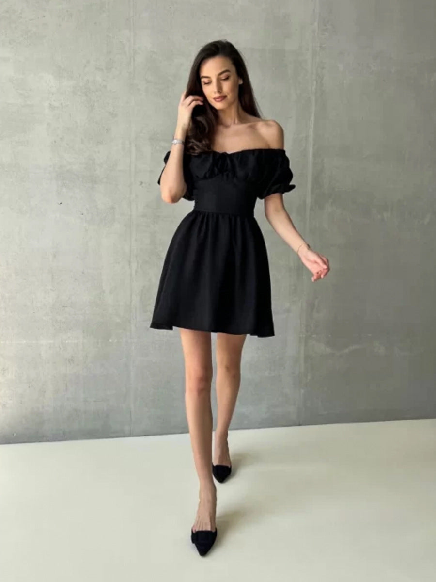 Off Shoulder Short Sleeve Dress Summer Lace up Cinched Short Dress Puff Sleeve Dress