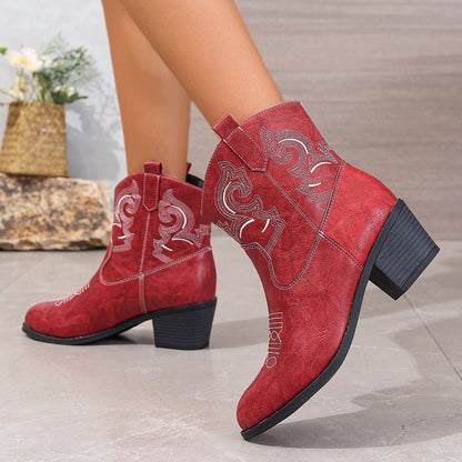 Pointed Embroidered Solid Color Chunky Heel Leather Boots Women Short Solid Color Slip on Knight Martin Boots
