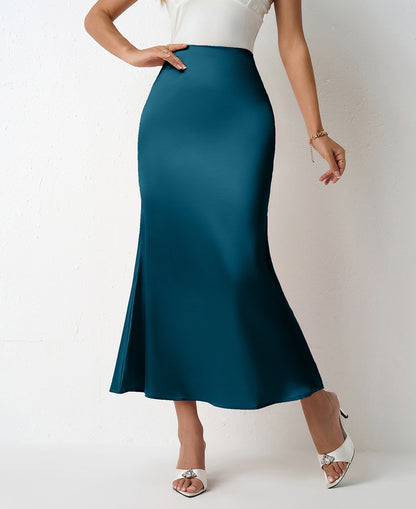Women Clothing Spring Summer Slim Satin Skirt Satin Mid Length Sheath Fishtail Skirt