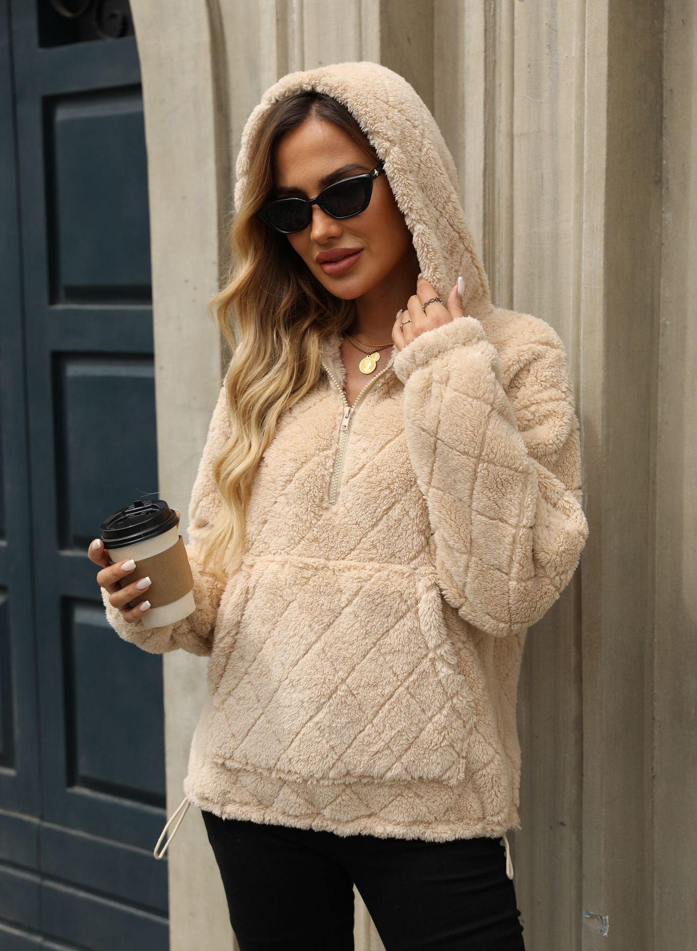 Autumn Winter Women Clothing Loose Half Zipper Pullover Hooded Fleece Sweatshirt