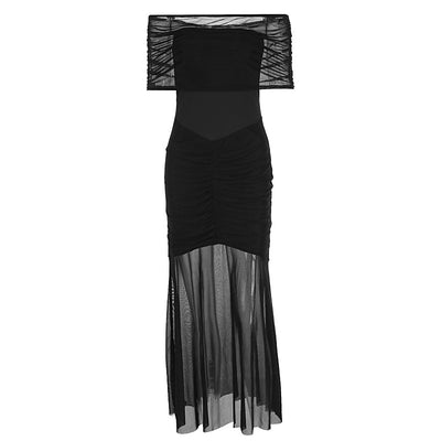 Women Clothing Autumn Tube Top Pleated Mesh Slim Fit Patchwork Dress Two Piece Set