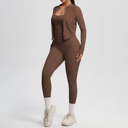 Skinny Yoga Pants High Waist Nude Feel Camisole Sports Zip Long Sleeve Coat Workout Clothes Three Piece Set