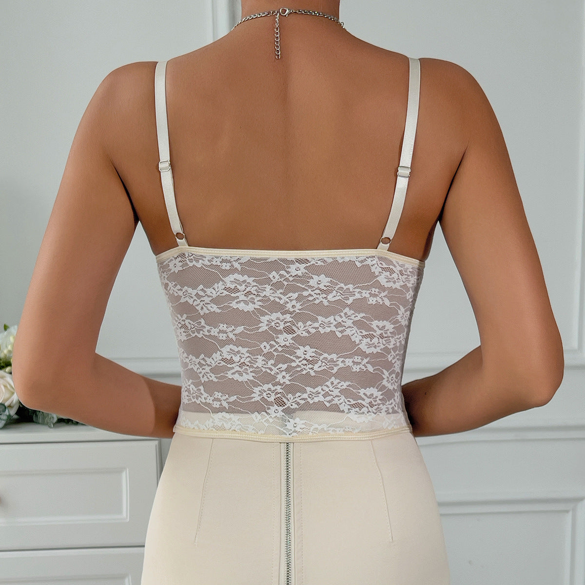 Fresh Lace up A line Slim Fit Sexy Boning Corset Small Lace See through Camisole