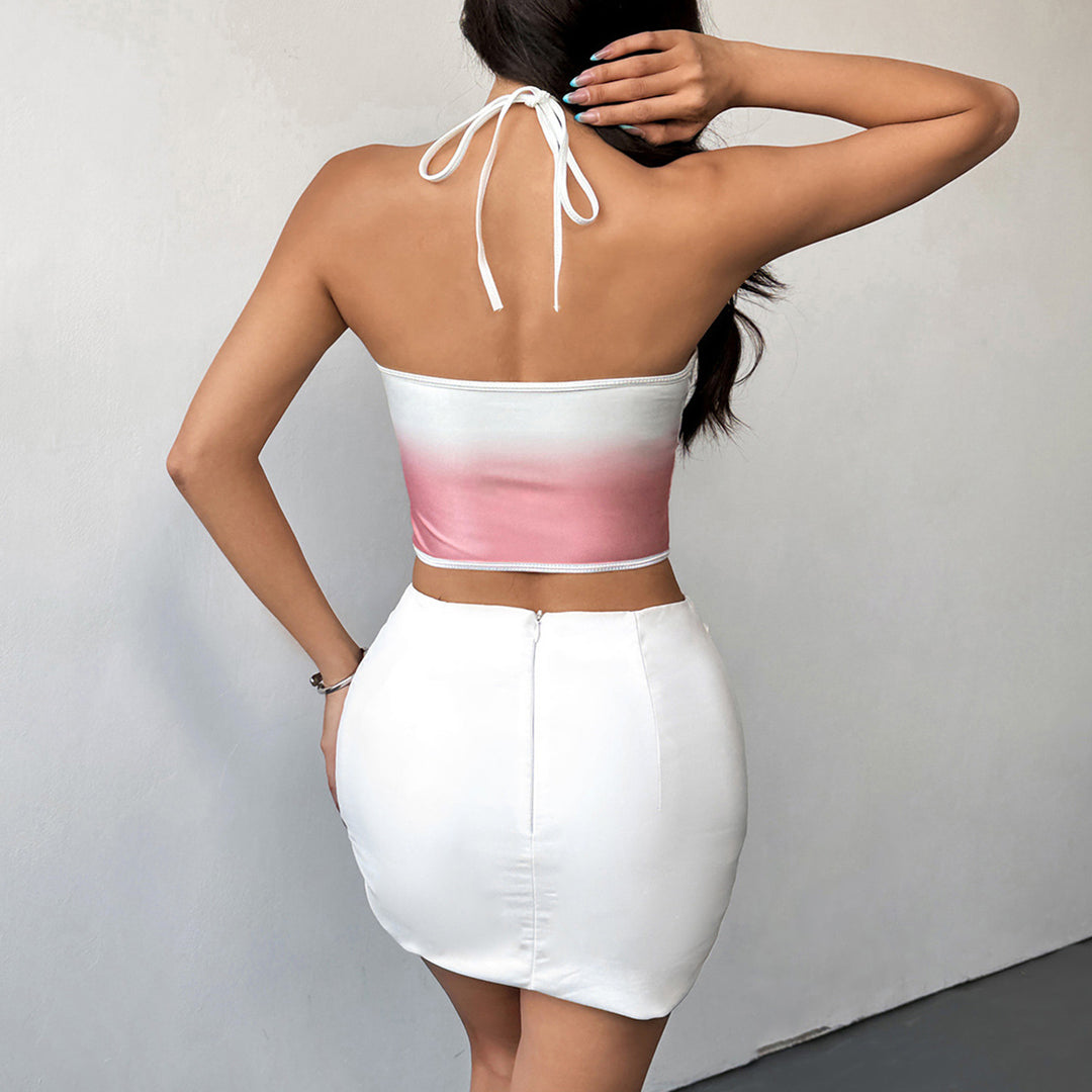 Sexy Slim Fit Gradient Lace Halter Lace up Steel Ring Top - GLAMWEARS