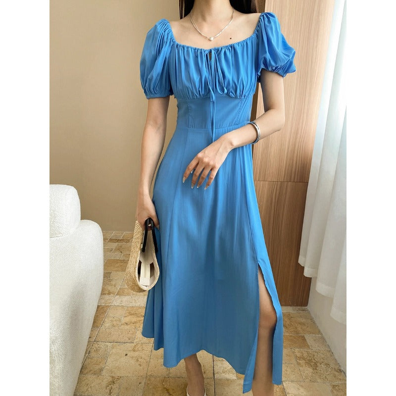 Elegant Atmosphere Pleated Square Collar Lace up Puff Sleeve Waist Slit Dress