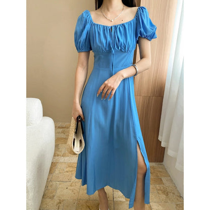 Elegant Atmosphere Pleated Square Collar Lace up Puff Sleeve Waist Slit Dress