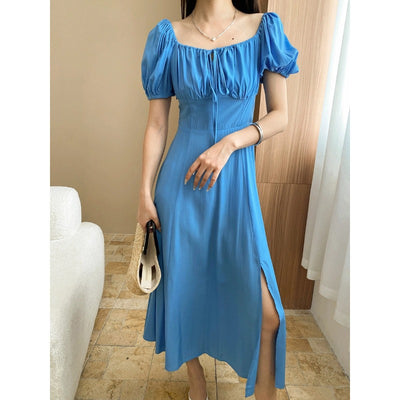 Elegant Atmosphere Pleated Square Collar Lace up Puff Sleeve Waist Slit Dress