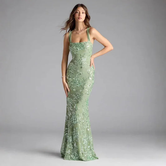 Women Dress Spring Summer Sexy Strap Backless High Slit Socialite Dress