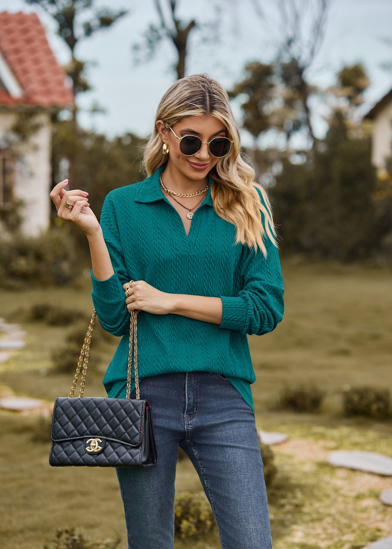 Autumn Winter Solid Color Polo Collar Loose Long Sleeve Sweatershirt Coat Women Jacket