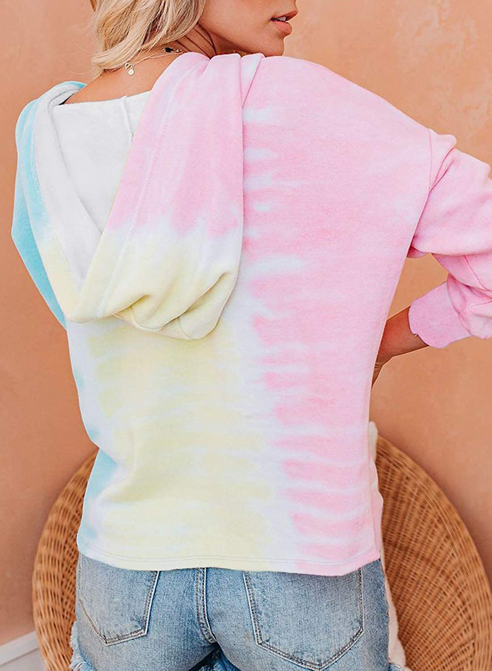Autumn Winter Women Clothing Tie Dyed Hooded Sweatshirt Loose Gradient Color Long Sleeve Top