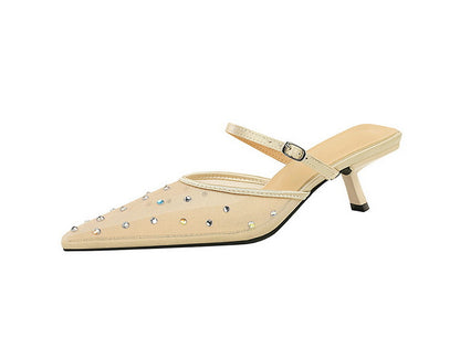 French Mesh Lace Pointed Toe Stiletto Toe Box Rhinestone Slippers Outer Wear Hollow Out Cutout Sexy Strap Half Slippers