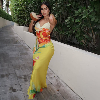 Summer Women Elegant Halter Swing Collar Contrast Color Floral Print Slim Fit Sheath Dress