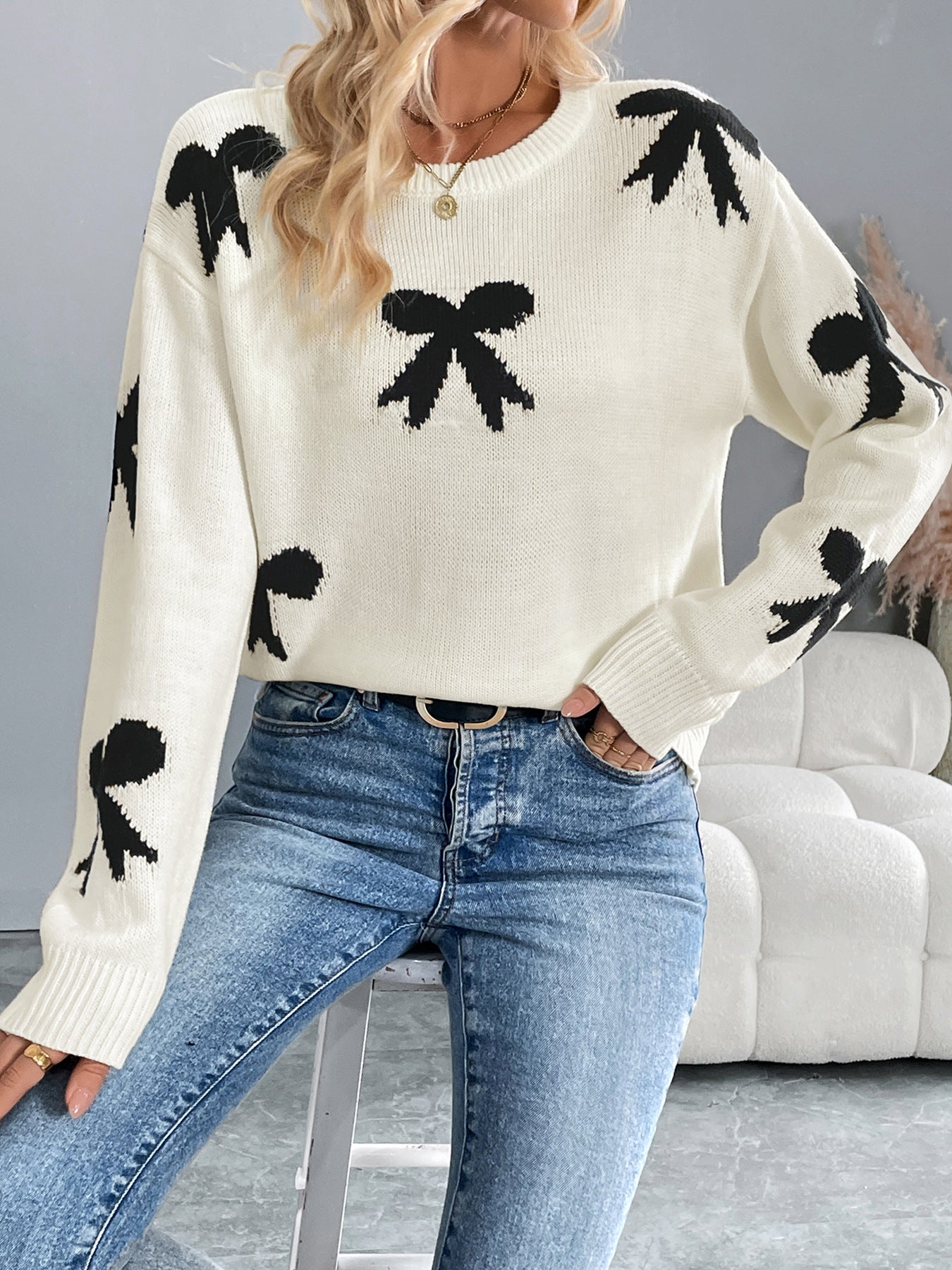 Casual round Neck Bowknot Jacquard Autumn Winter Sweater Women
