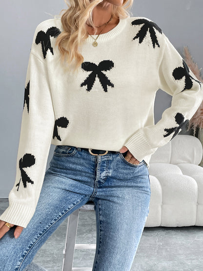 Casual round Neck Bowknot Jacquard Autumn Winter Sweater Women