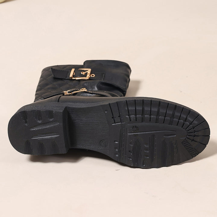 Western Denim Mid-Calf Boots for Women Chain Rivet Chunky Heel Knight Boots - GLAMWEARS