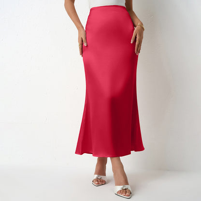 Women Clothing Spring Summer Slim Satin Skirt Satin Mid Length Sheath Fishtail Skirt