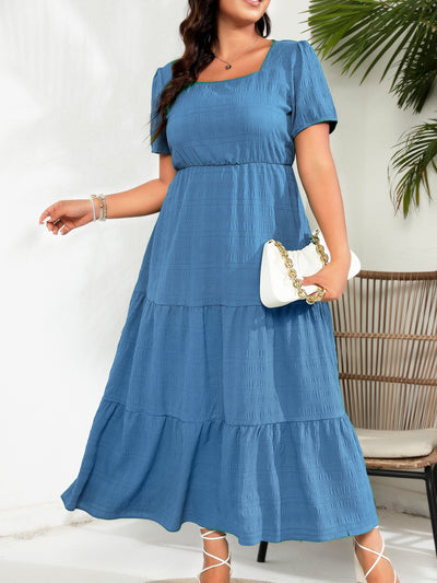 Women Bubble Sleeve Square Collar Back Pleating Short Sleeve Pocket Dress