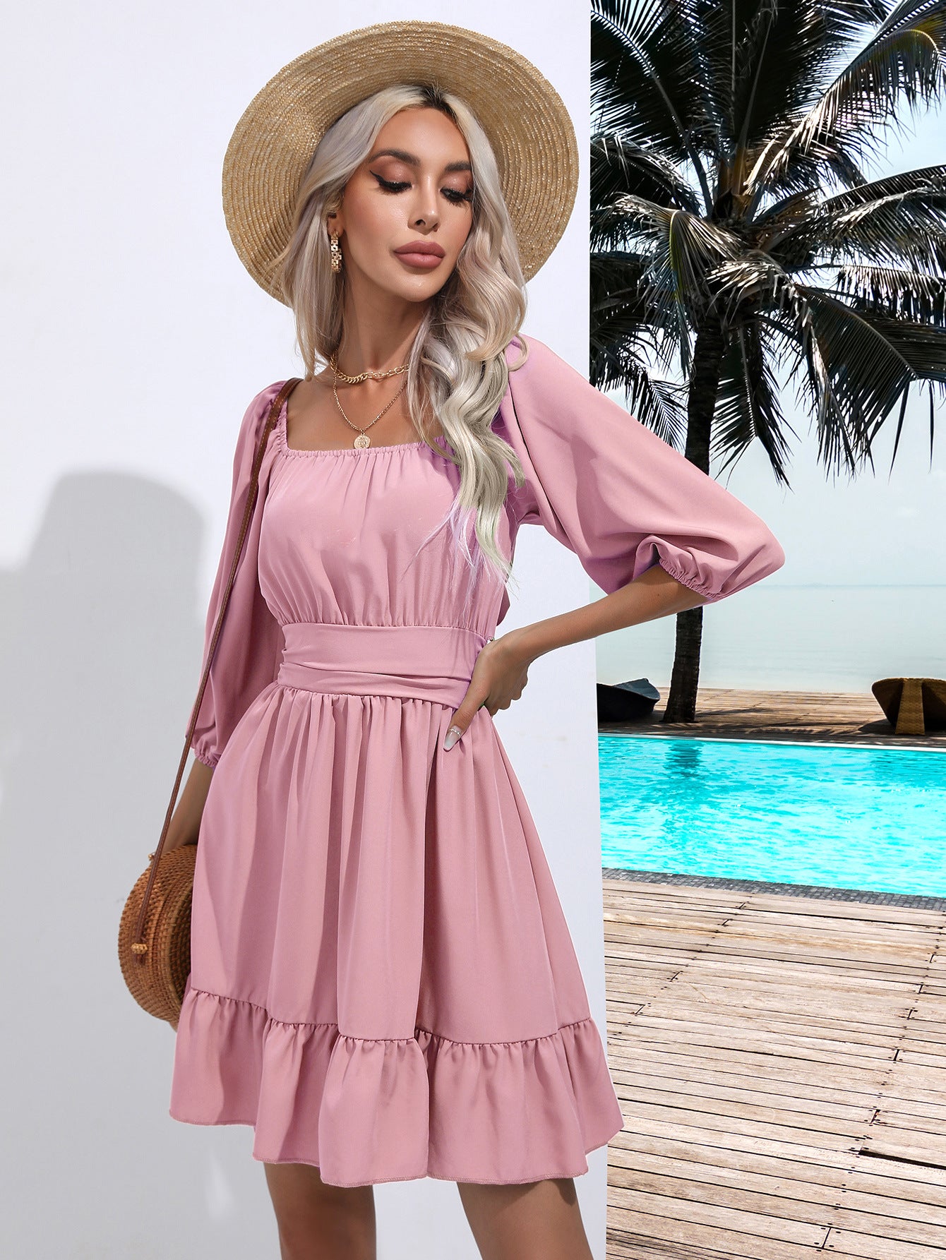 Popular Ruffled Square Collar Dress Lace Dress Women Summer Women Clothing
