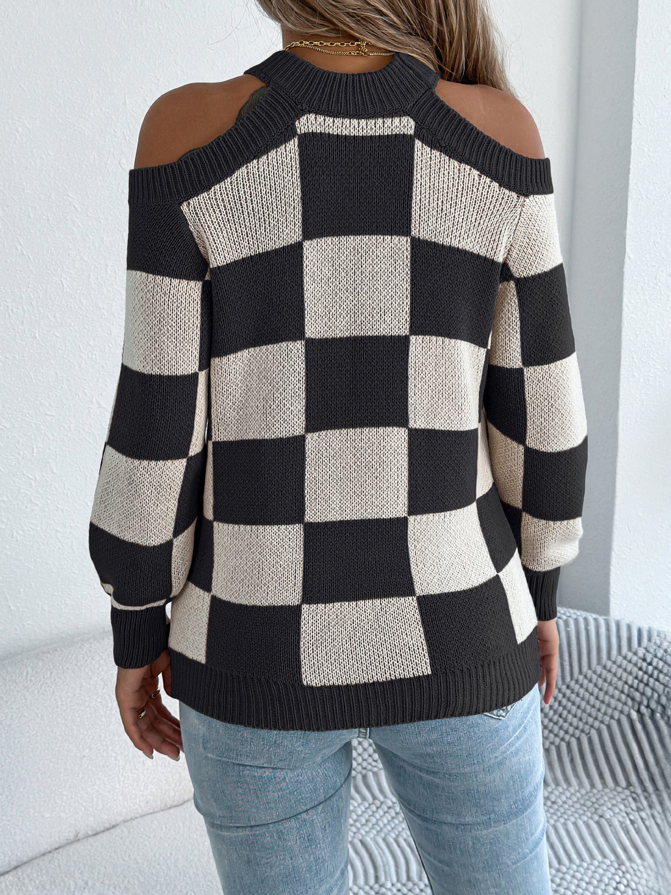Autumn Winter Casual off the Shoulder Contrast Color Plaid Lantern Long Sleeve Sweater Women Clothing