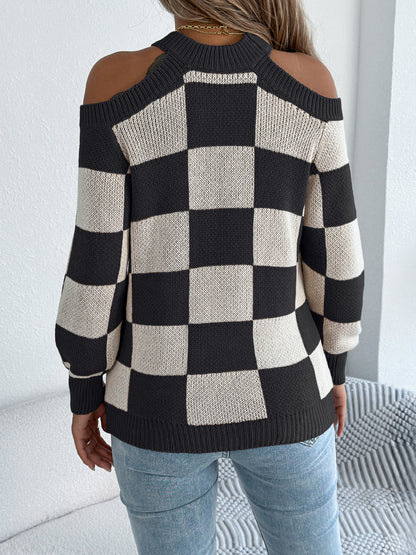 Autumn Winter Casual off the Shoulder Contrast Color Plaid Lantern Long Sleeve Sweater Women Clothing