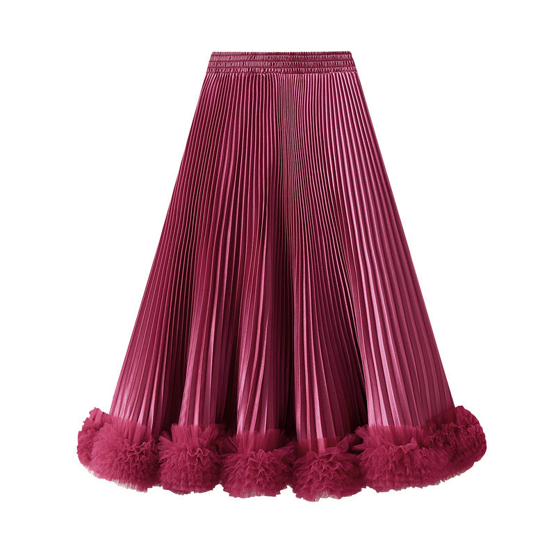 Elegant Pleated Petal Skirt Women High Grade Mid Length A line Skirt Wooden Ear Skirt
