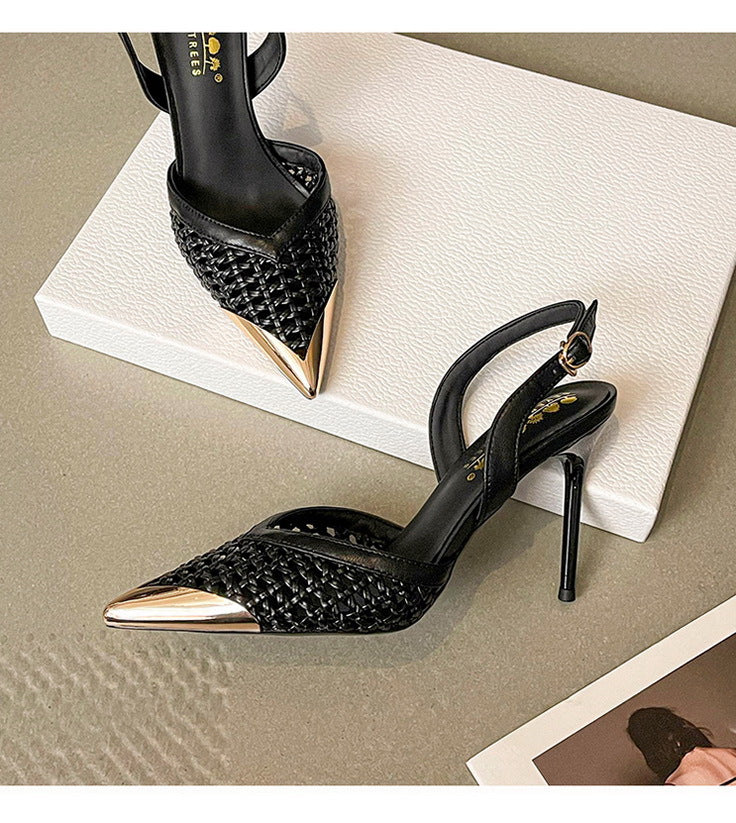 Hollowed out Woven Stiletto Sandals Women High Grade Metal Pointed Toe Strap High Heels