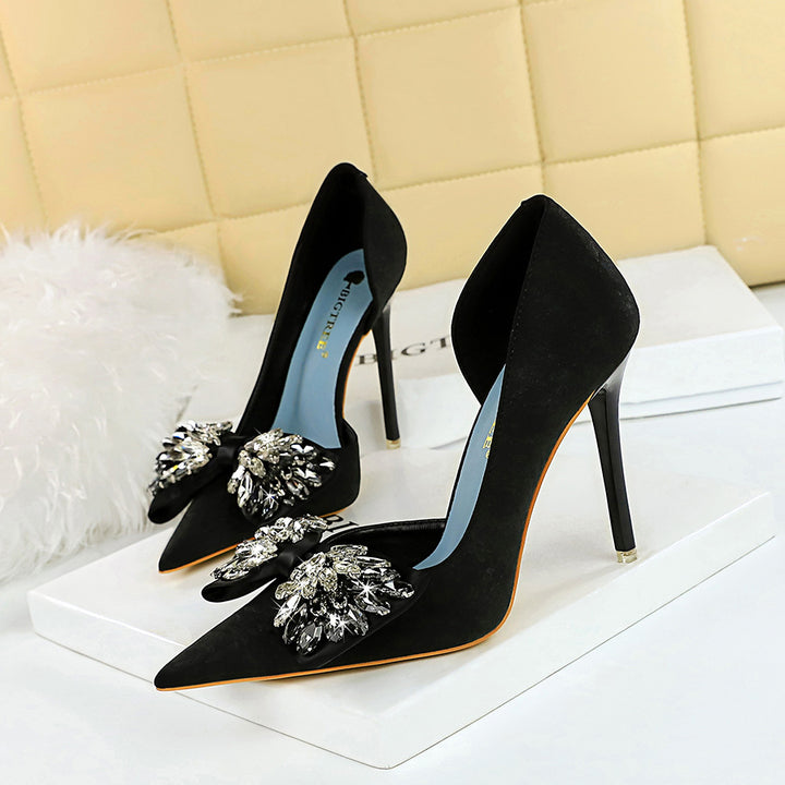 High Heels Stiletto Low Cut Pointed Side Hollow Out Cutout Cloth Surface Ultra High Heel Rhinestone Bow Pumps - GLAMWEARS