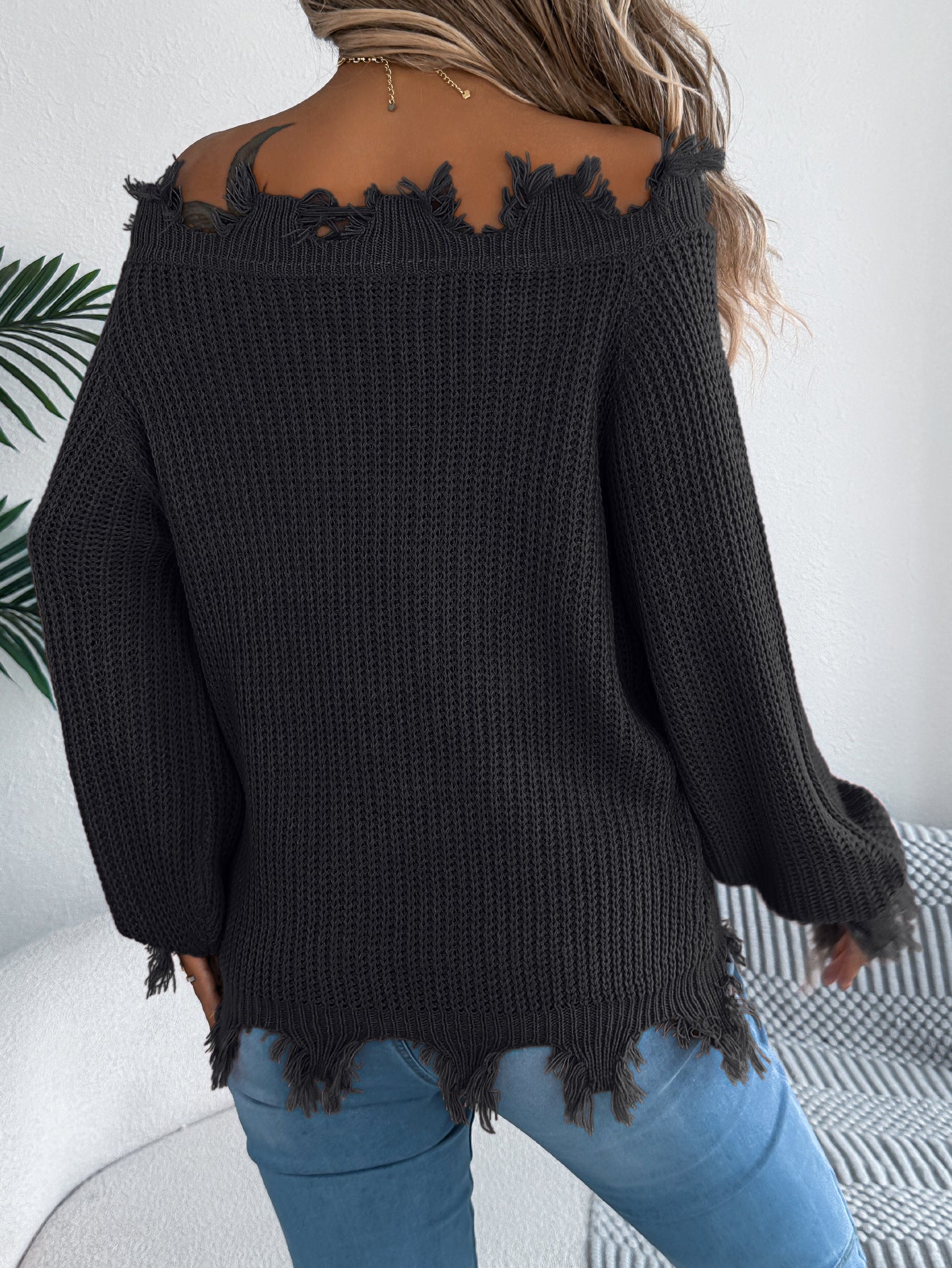 Autumn Winter Solid Color Hollow Out Cutout out Long Sleeve Cut off Shoulder Pullover Sweater Women Clothing