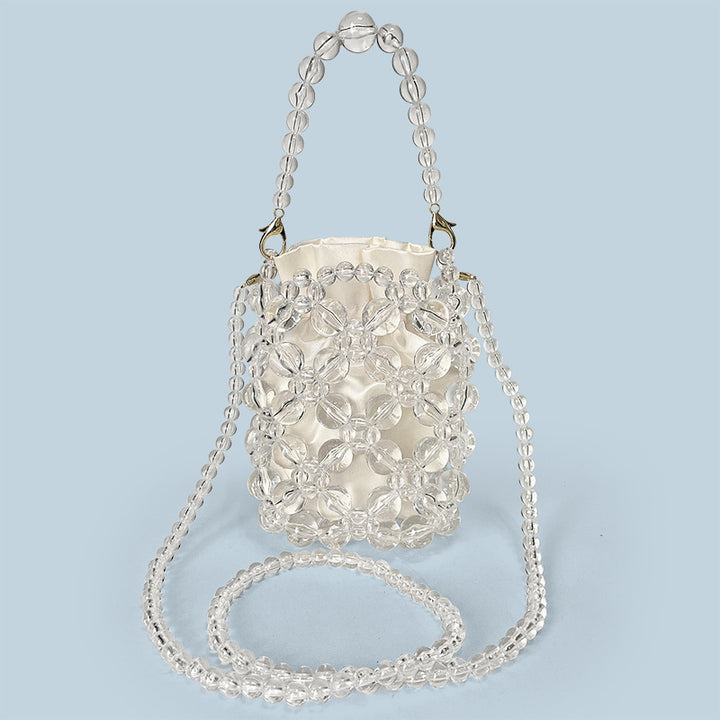 Transparent Irregular Asymmetric Hand Woven Acrylic Crystal String Beads Cocktail Mobile Phone Bag Cross Body Bucket Pouch - GLAMWEARS