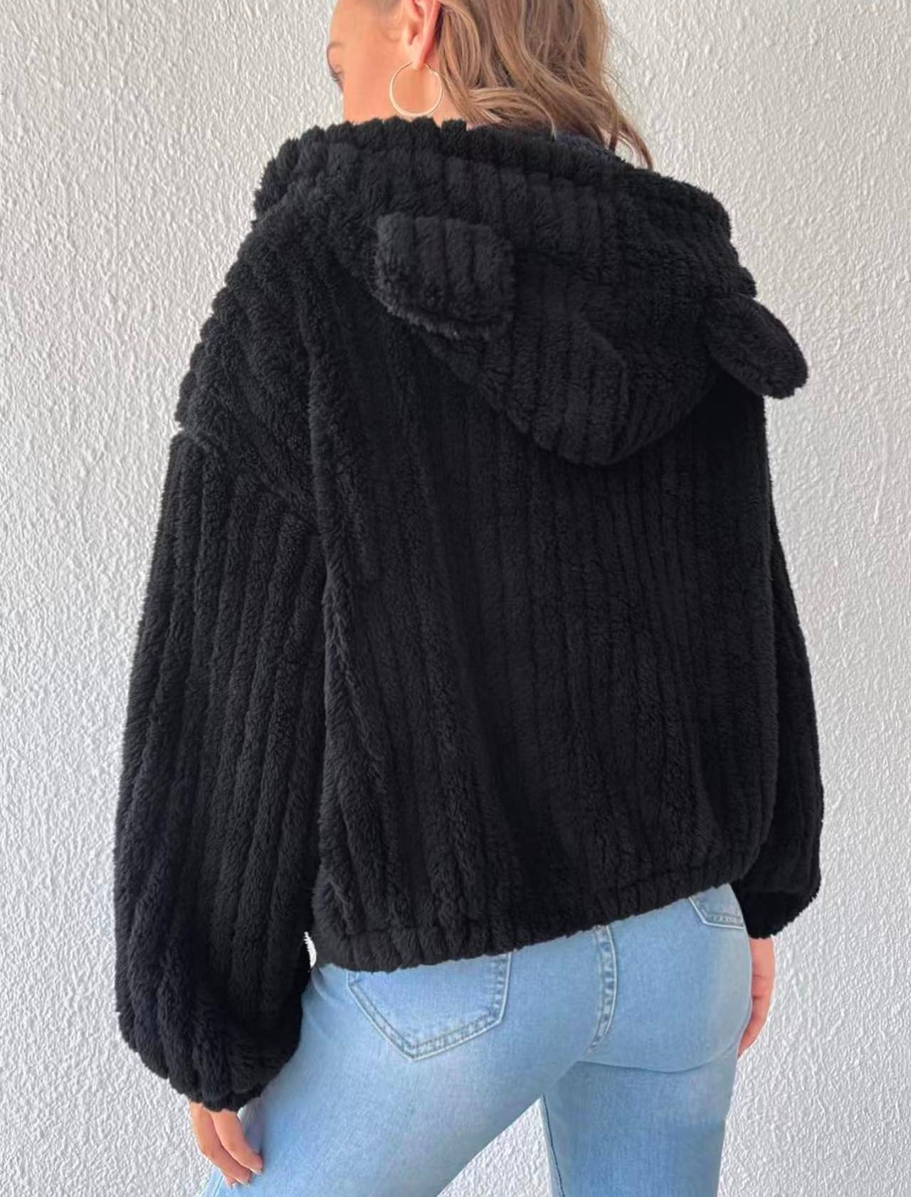 Popular Solid Color Double-Sided Plush Zipper Cardigan Decoration Ears Casual Autumn Winter Plush Coat