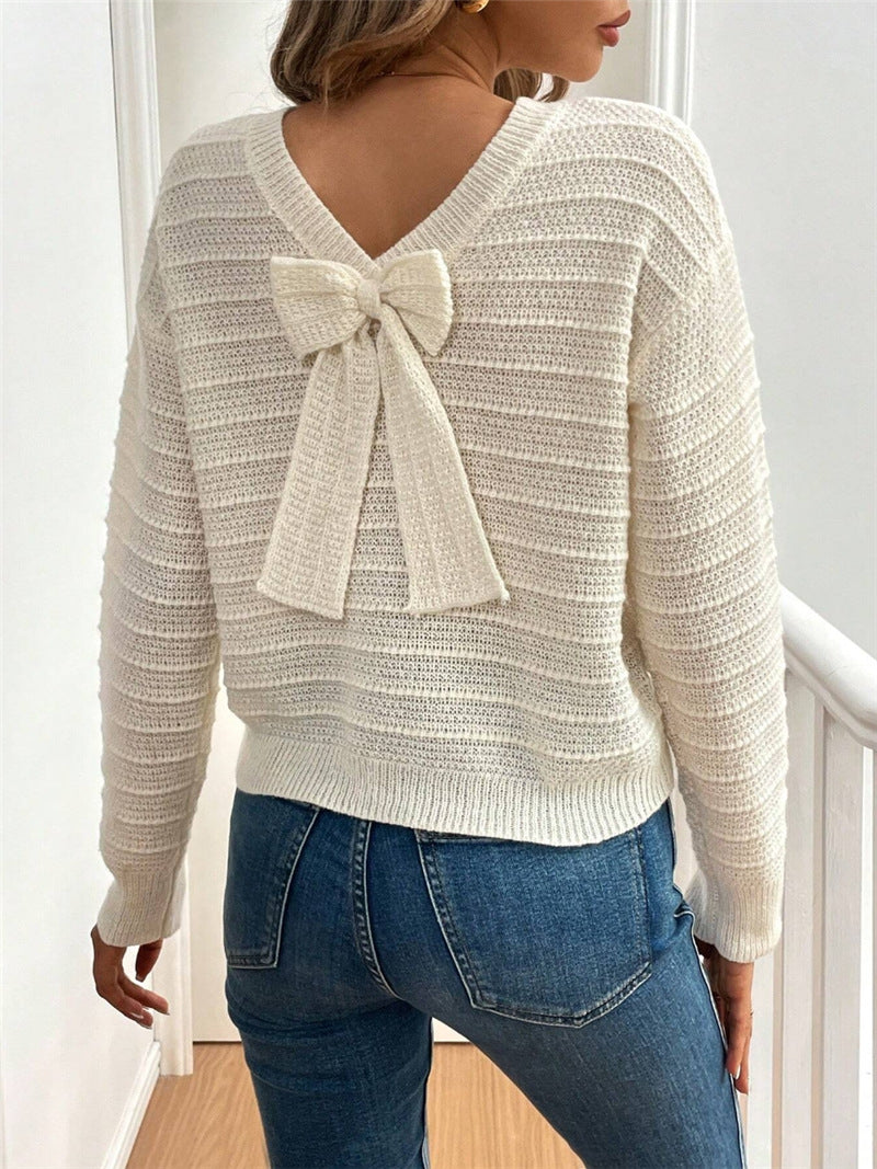 Spring Autumn Back Bow Design Casual Pullover Long Sleeve Sweater