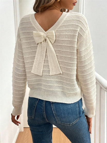 Spring Autumn Back Bow Design Casual Pullover Long Sleeve Sweater