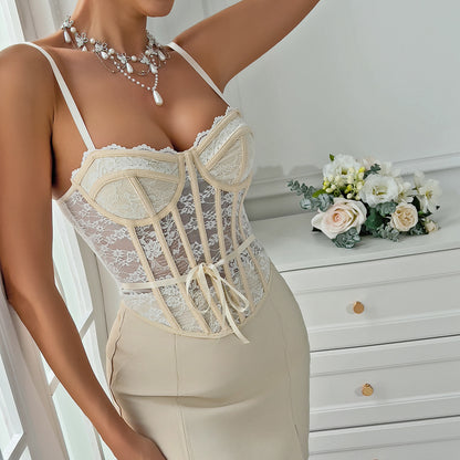 Fresh Lace up A line Slim Fit Sexy Boning Corset Small Lace See through Camisole
