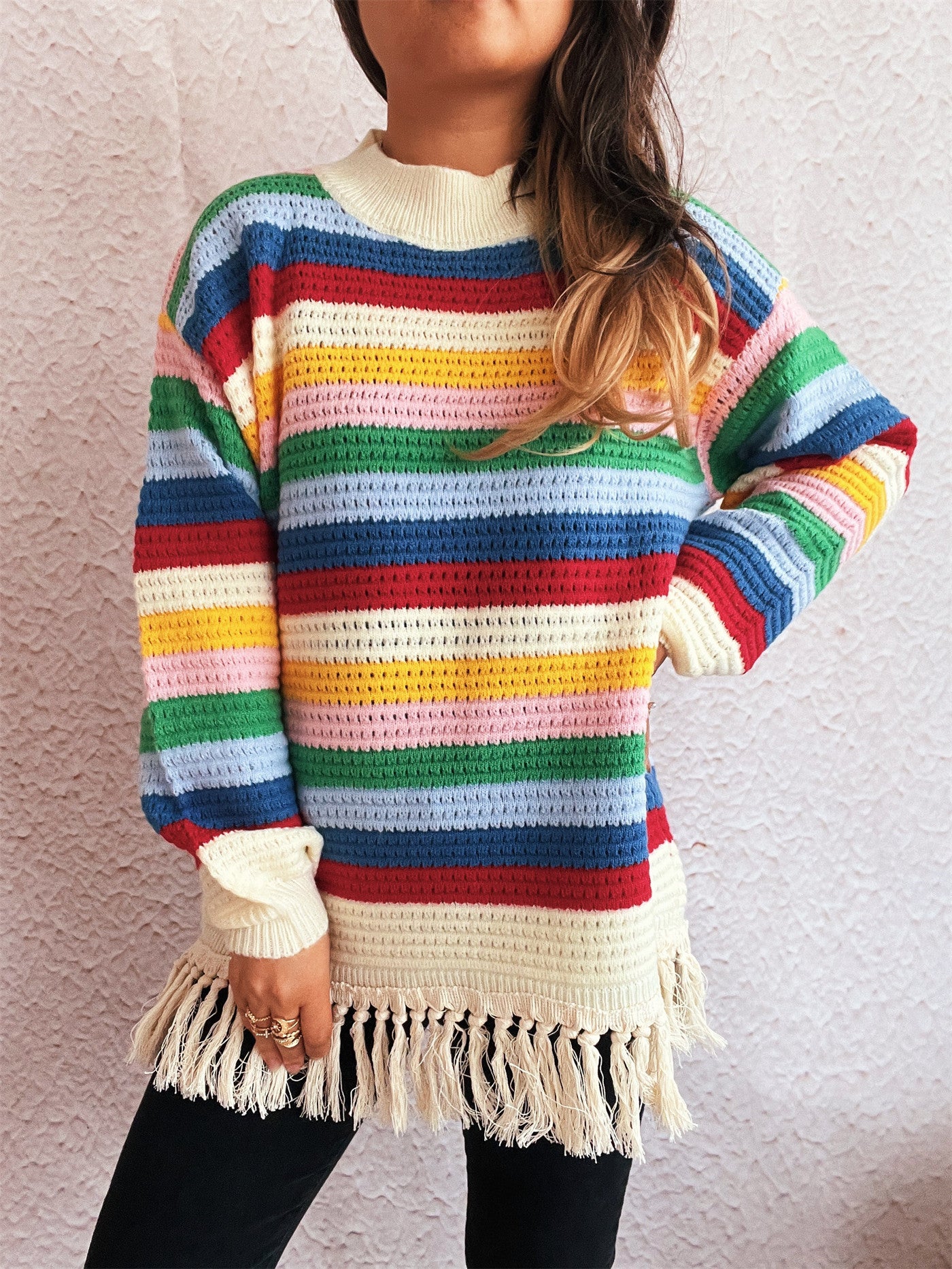 Round Neck Color Striped Knitwear Autumn Winter Retro Tassel Women Sweater