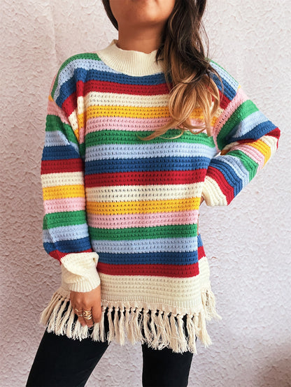 Round Neck Color Striped Knitwear Autumn Winter Retro Tassel Women Sweater