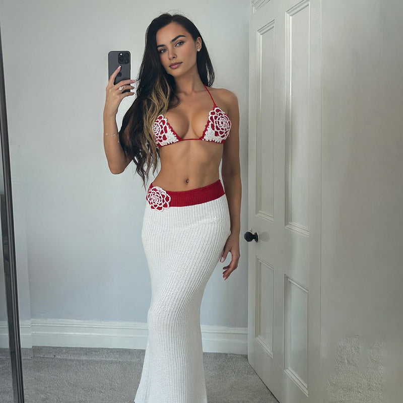 Women Clothing Autumn Sexy Knitted Crochet Halter Small Sling Contrast Color Slim Fit Skirt Two Piece Sets