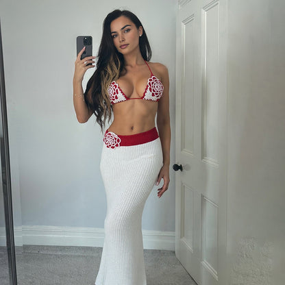 Women Clothing Autumn Sexy Knitted Crochet Halter Small Sling Contrast Color Slim Fit Skirt Two Piece Sets