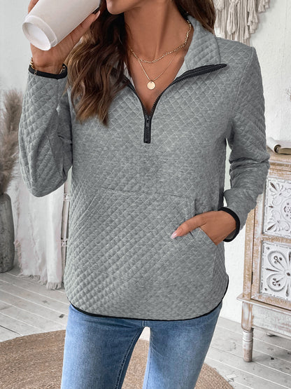 Casual Simple Sports Half Open Zipped Stand Collar Diamond Lattice Fabric Solid Color Hoodie Women