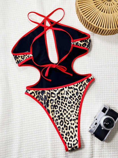 Bikini Leopard Print Contrast Color Hollow Out Cutout out Strap One Piece Swimsuit