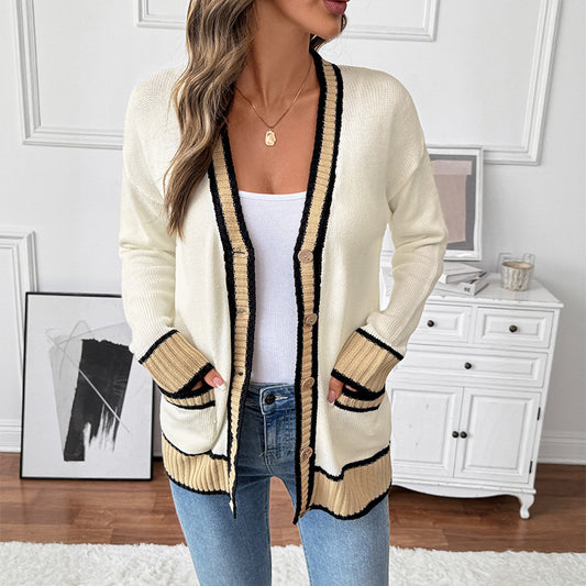 Autumn Winter Workplace Casual Laid Back Loose V Collar Contrast Color Sweater Cardigan for Women
