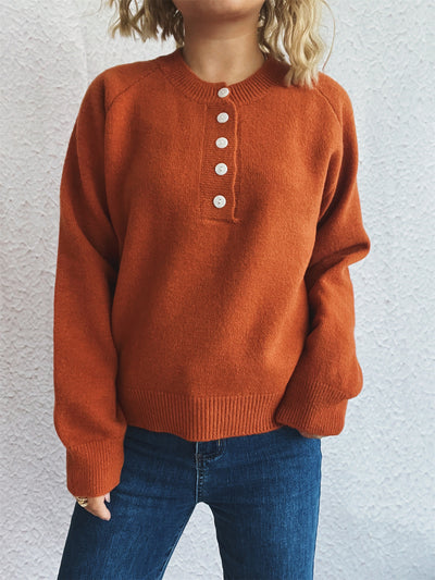 Solid Color Buttons Casual Retro Knitted Top round Neck Long Sleeve Warm Sweater