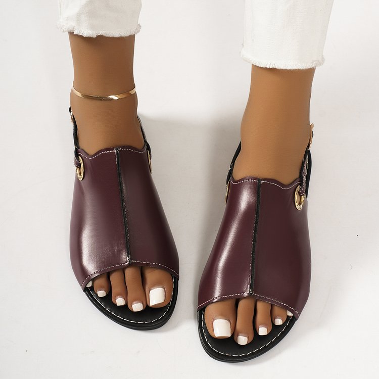 Flat Open Toe Buckle Sandals Women Metal Buckle One Line Fish Mouth Beach Slippers