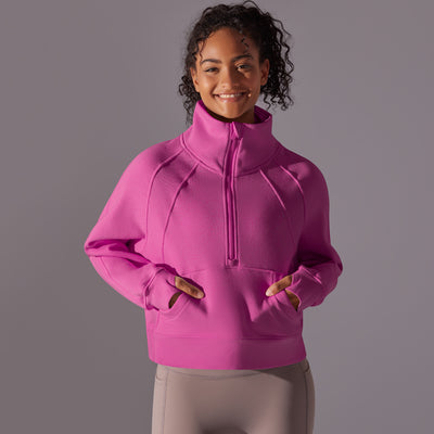 Trendy High Collar Warm Brushed Lining Zipped Sports Coat Loose Yoga Casual All Matching Sweater