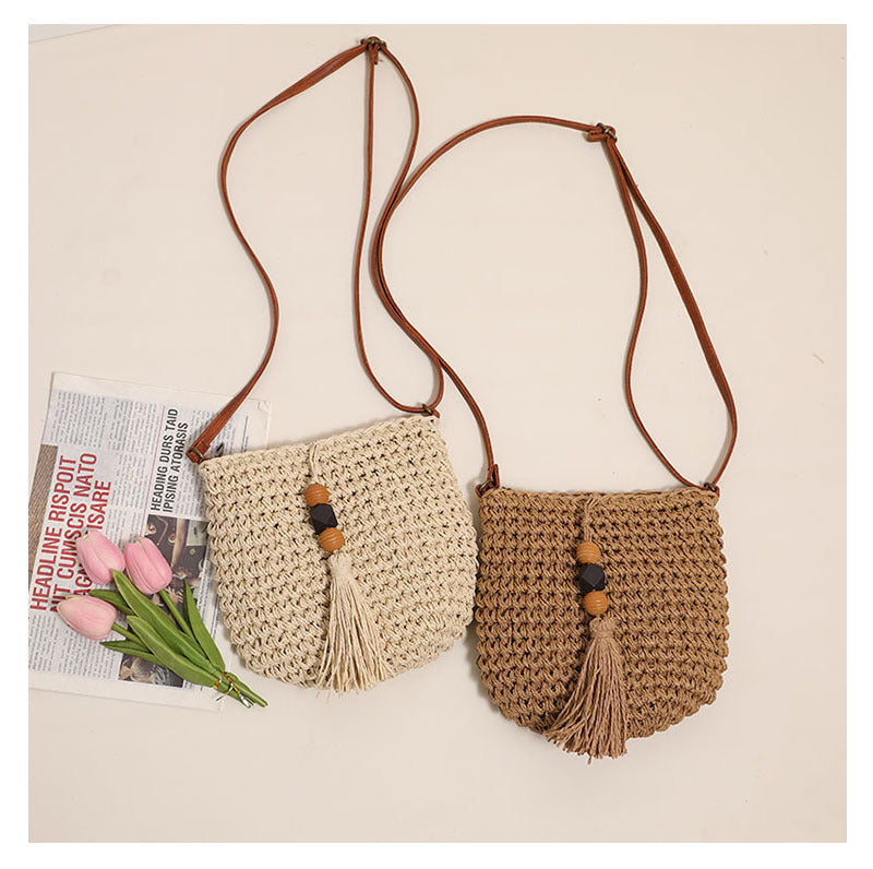Supply Crossbody Straw Bag Wooden Bead Tassel Straw Bag Woven Bag Vacation Beach Bag Women Shoulder Bag - GLAMWEARS