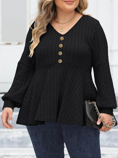 Women Tops plus Size Women Doll Shirt V neck Sunken Stripe Fleece Lantern Sleeve T shirt Gold Fastener Decoration Top