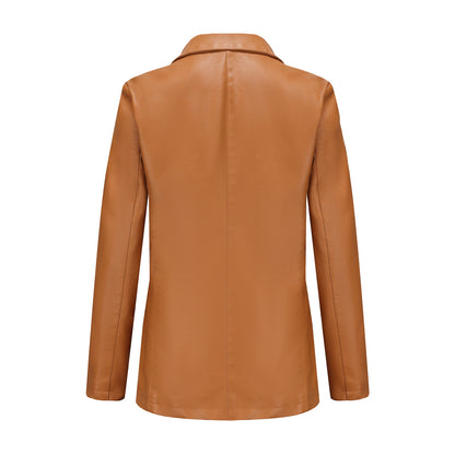 Small Long Sleeved Coat Women Single Button Office Casual Solid Color Leather Coat
